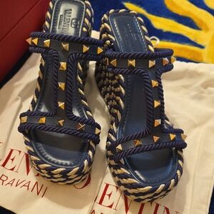 Valentino Garavani Navy and Gold Rope Sandals
